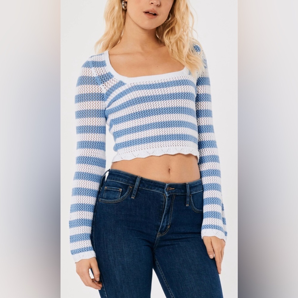 Hollister Blue and White Striped Knit Crop Top Small